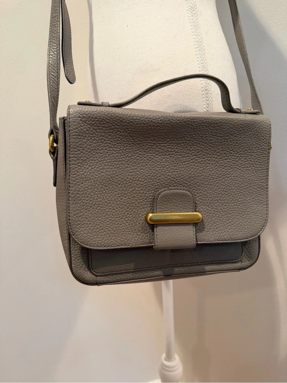 Fossil Gray Leather Crossbody Satchel with Gold-Tone Accent